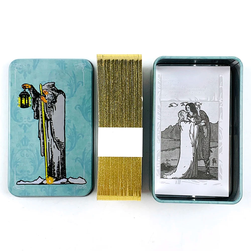 Metal Box Gilded Tarot Cards Deck Fate Divination Family Party Board Games ，Classic Design For Beginners & Pros