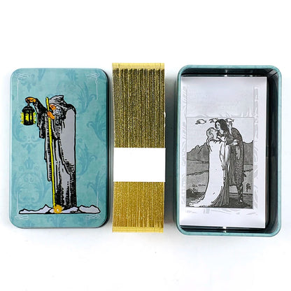 Metal Box Gilded Tarot Cards Deck Fate Divination Family Party Board Games ，Classic Design For Beginners & Pros