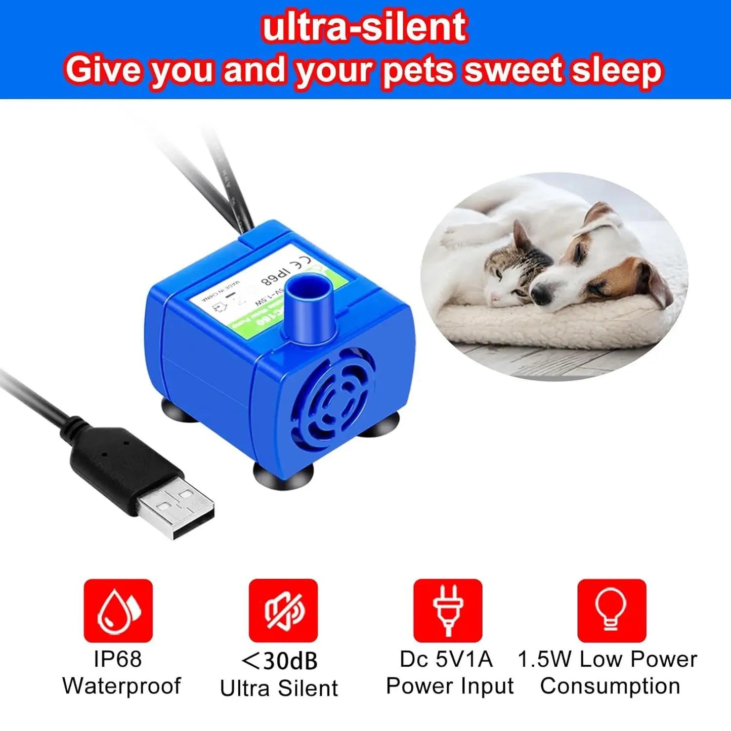 Water Pump Pet Cat Water Fountain Pump With LED Light - Replacement Motor For Cats Dogs Water Dispenser - USB Plug Pet Accessory