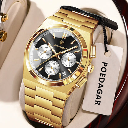 POEDAGAR Fashion Man Watches Chronograph Date Stainless Steel Casual Men Wristwatch Waterproof Luminous Men's Quartz Watch Reloj