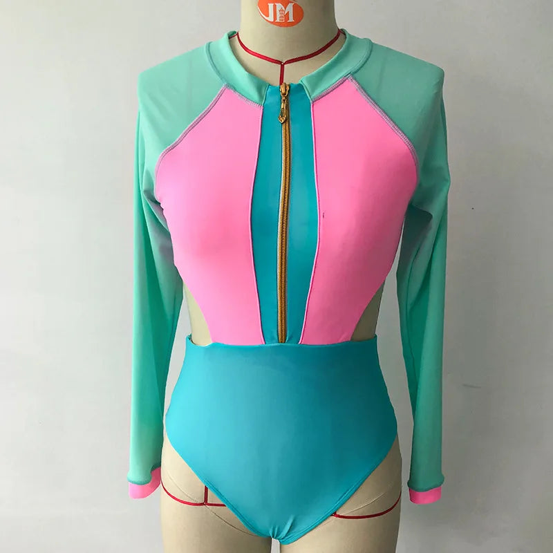 New Patchwork One-Piece Swimsuit Long Sleeve Swimwear Sports Backless Women's Swimming Bathing Suit Beach Wear Bather Surfing