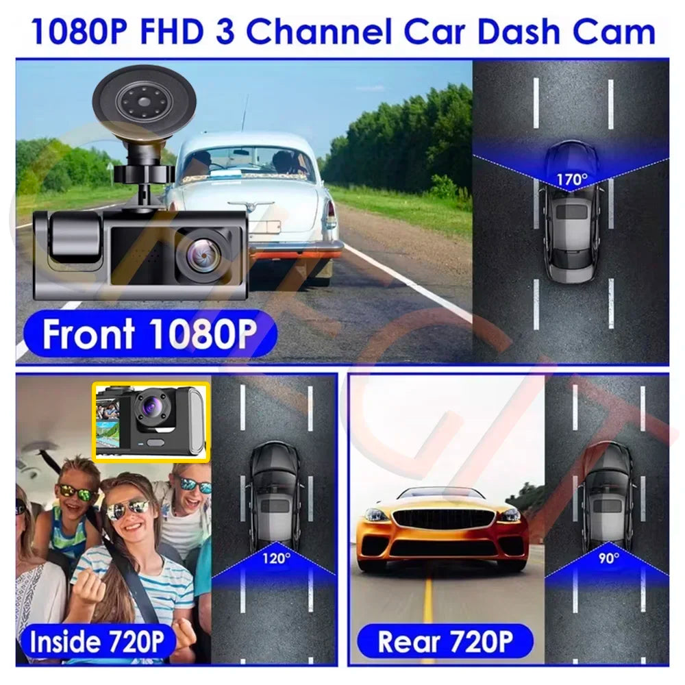 Wifi 3 Channel Dash Cam Night Vision Loop Recording & 2" IPS Screen 1080P 2/3Camera DVR Recorder, Video Recorder, Vehicle DVR