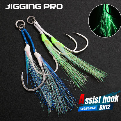 JIGGING PRO Twin Assist Hooks 1/0 2/0 3/0 4/0 Double Barbed BKK High Carbon Steel Fishing Hook With Glow Feather Jigging Hook