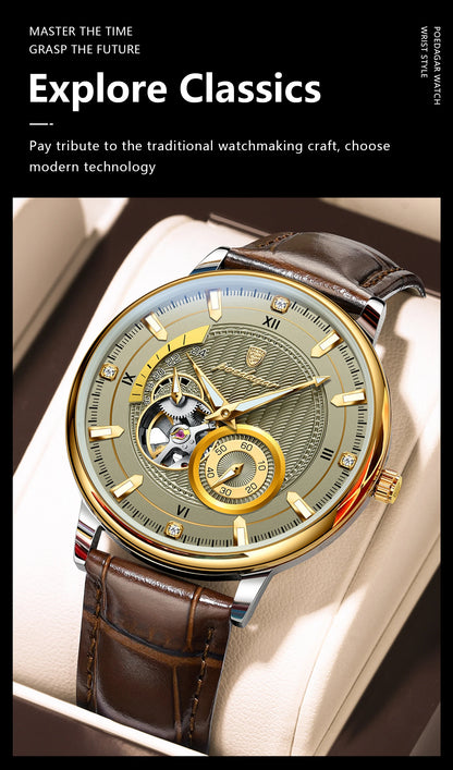 POEDAGAR Fashion Business Men Watch Waterproof Luminous Hollow Tourbillon Male Clock Automatic Mechanical Leather Men's Watches