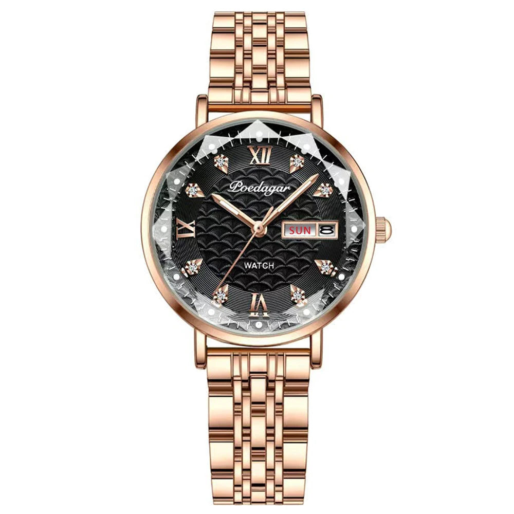 POEDAGAR Top Elegant Women's Watches Stainless Steel Date Week Woman Watch Waterproof Luminous Fashion Ladies Watch Quartz Reloj