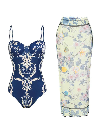 Blue One-Shoulder Ruffled Print Floral Swimsuit Set Cover Up Single Piece Micro Monokini Sexy Swimwear For Girls Summer Beach