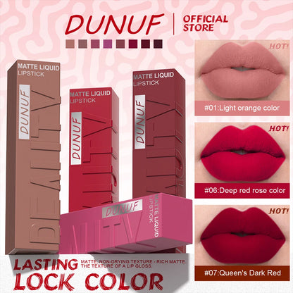 DUNUF 8-Color Matte Velvet Smooth Easy-to-Apply Square Tube Lip Gloss Waterproof Three-Dimensional Plumping Lipstick