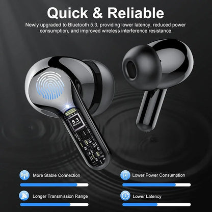 Wireless Earbuds BT5.3 Headphones HiFi Stereo EarBuds with ENC Noise Cancelling Mic 48H LED Display IP7 Waterproof Earphones