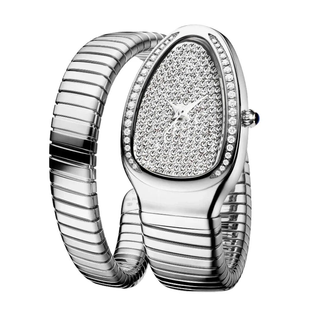 Elegant Snake Shape Women’s Watch - Gold & Silver Scalable Bracelet with Bling Diamonds, Quartz Ladies Wristwatch