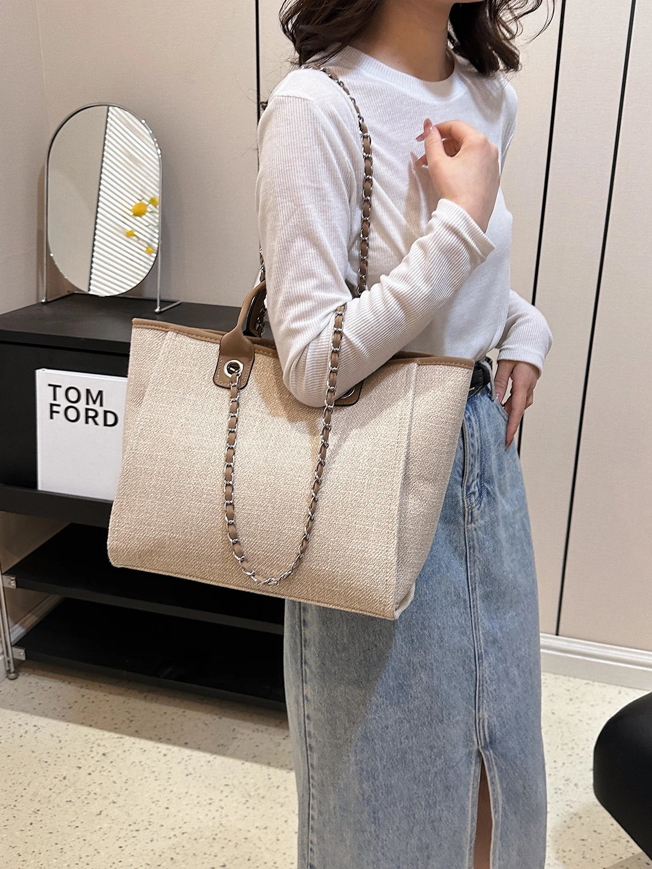 New Fashion Simple Canvas Material Chain Bag Large Capacity Chain Zipper Women's Shoulder Bag Tote Bag For Commuter Shopping