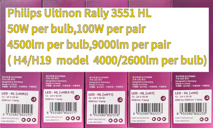 Philips Ultinon Rally 3551 LED H4 H7 H11 HB3/4 9006 9005 HIR2 Car Headlight 6500K White Max Power 50W Max Lumen 4500lm LED Bulb
