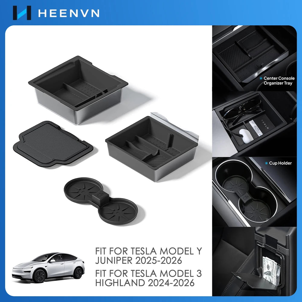 Heenvn For Tesla Model Y Juniper & Model 3 Highland 2025-2026 ABS Center Console Organizer Tray Armrest Storage Box Accessories