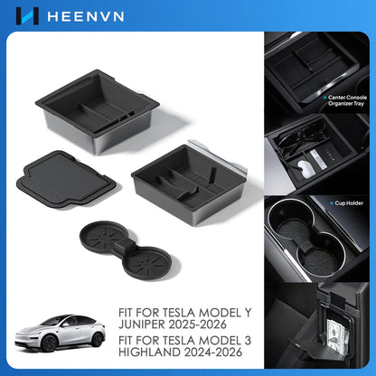 Heenvn For Tesla Model Y Juniper & Model 3 Highland 2025-2026 ABS Center Console Organizer Tray Armrest Storage Box Accessories