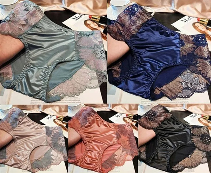 New Women Lace Flowers Panties Sexy Hollow Temptation Silk Breathable Underwear Tummy Mid Waist Butt Lift Briefs Intimate Panty