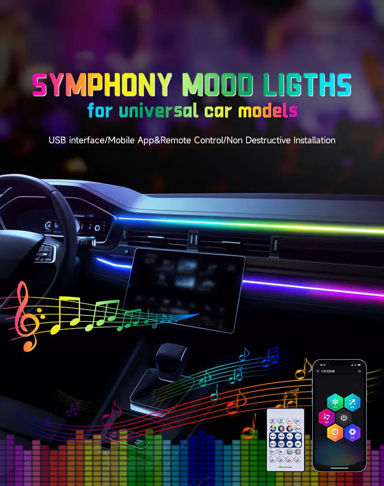 Car LED Ambient Light USB 64 Colors Acrylic Strips 110cm Full Colors RGB Car Interior Hidden App Remote Control Atmosphere Lamp
