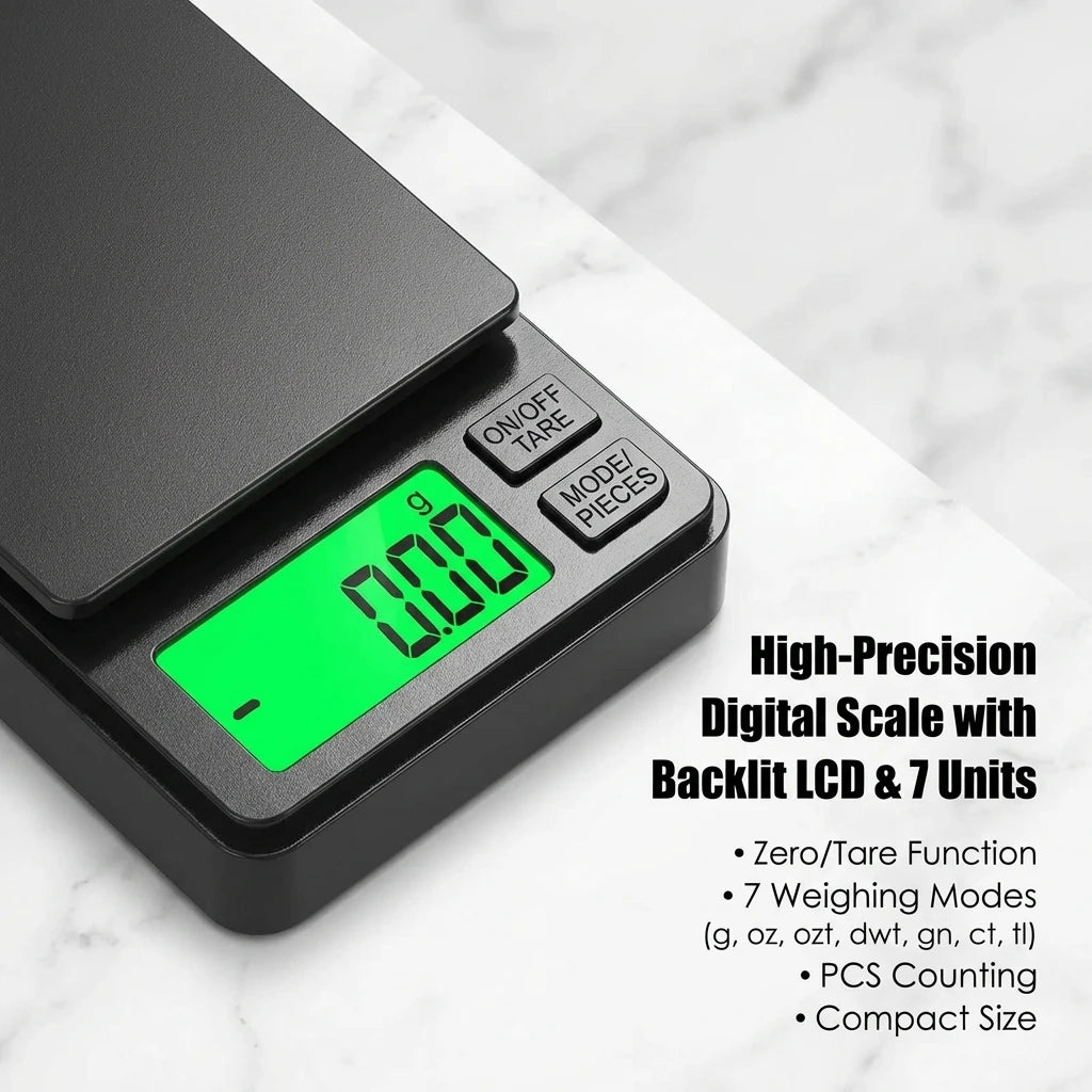 Digital Precision Pocket Scale 1000g X 0.01g with Backlit LCD Miniature Food Jewelry Ounces/Grains Measurement for Travel