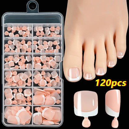 120Pcs 9-Colors French Fake Toenails Summer Short Sqaure Press On Toe Nails Tips Glossy Nude/Pink/Brown Full Cover False Toenail