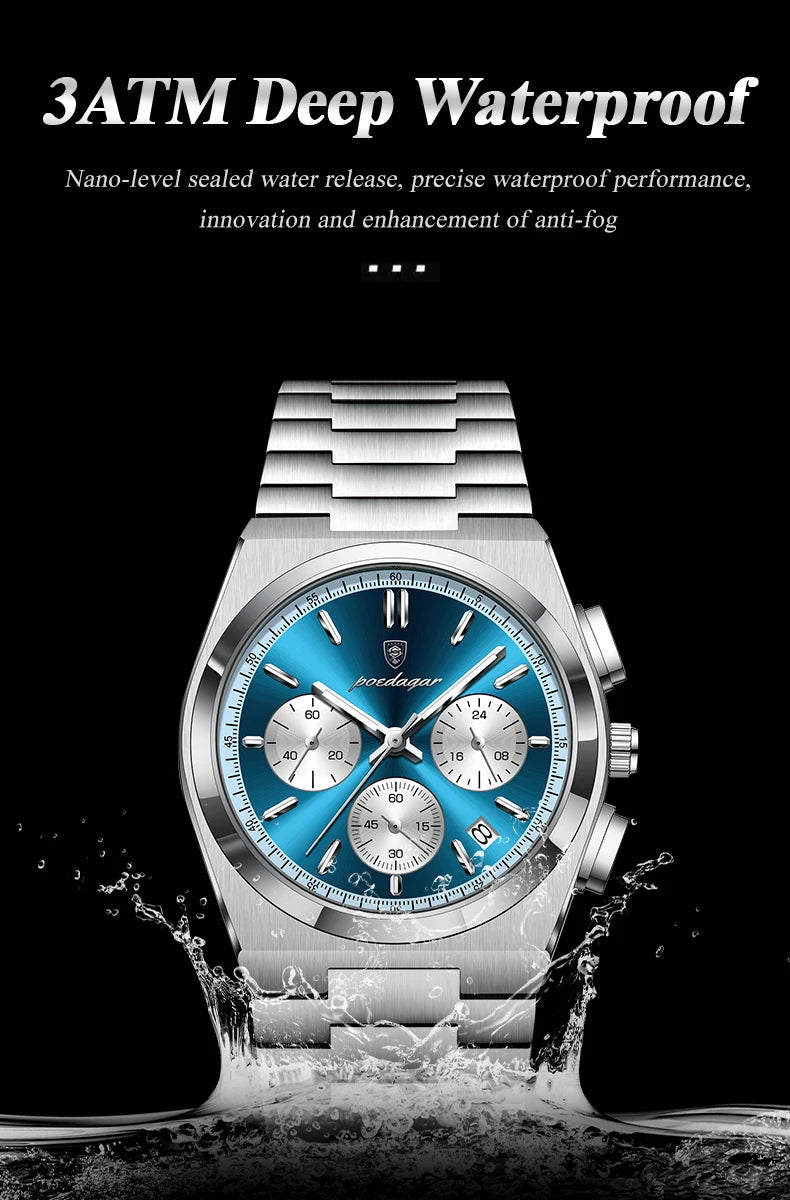 POEDAGAR Fashion Man Watches Chronograph Date Stainless Steel Casual Men Wristwatch Waterproof Luminous Men's Quartz Watch Reloj