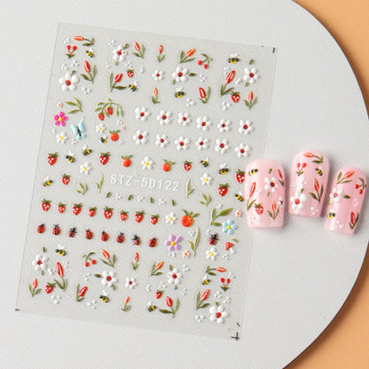 5D Embossed Kawaii Ladybug Sliders Spring White Daisy Flowers Nail Stickers DIY Simple Petals Wedding Nails Decals Accesories