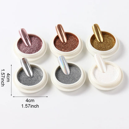6pcs Chrome Mirror White Nail Powder Pigment Gold Silver Rubbing Holographic Aurora Iridescent Metallic Nail ArtPower Decoration