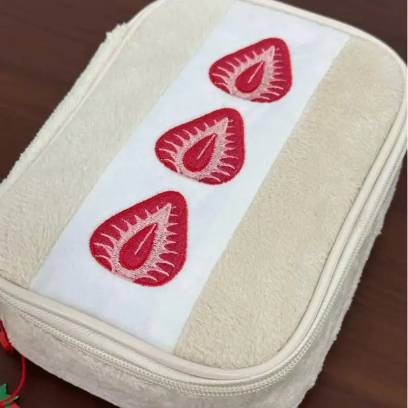 Cute Embroidered Strawberry Pencil Case Portable Stationery Pen Box Multi Functional Large Capacity Makeup Bag Storage Bag