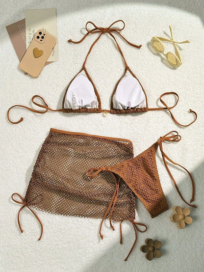 New Sexy Net Bikinis Female Swimsuits Women Three-Piece Swimwear Beach Swim Wear Bathing Suits Brazilian Bikini Set Pool Bather
