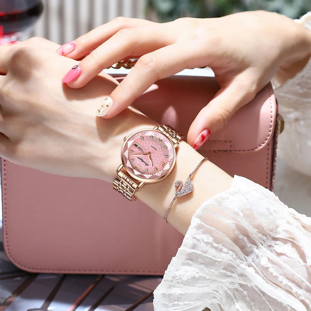 POEDAGAR Top Elegant Women's Watches Stainless Steel Date Week Woman Watch Waterproof Luminous Fashion Ladies Watch Quartz Reloj
