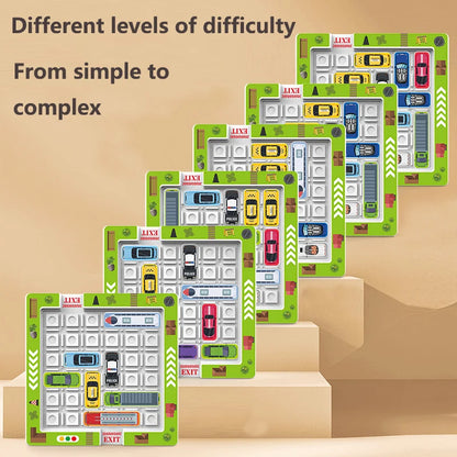 Children's educational puzzle game for logical thinking and concentration, parking lot with moving vehicles and maze toys