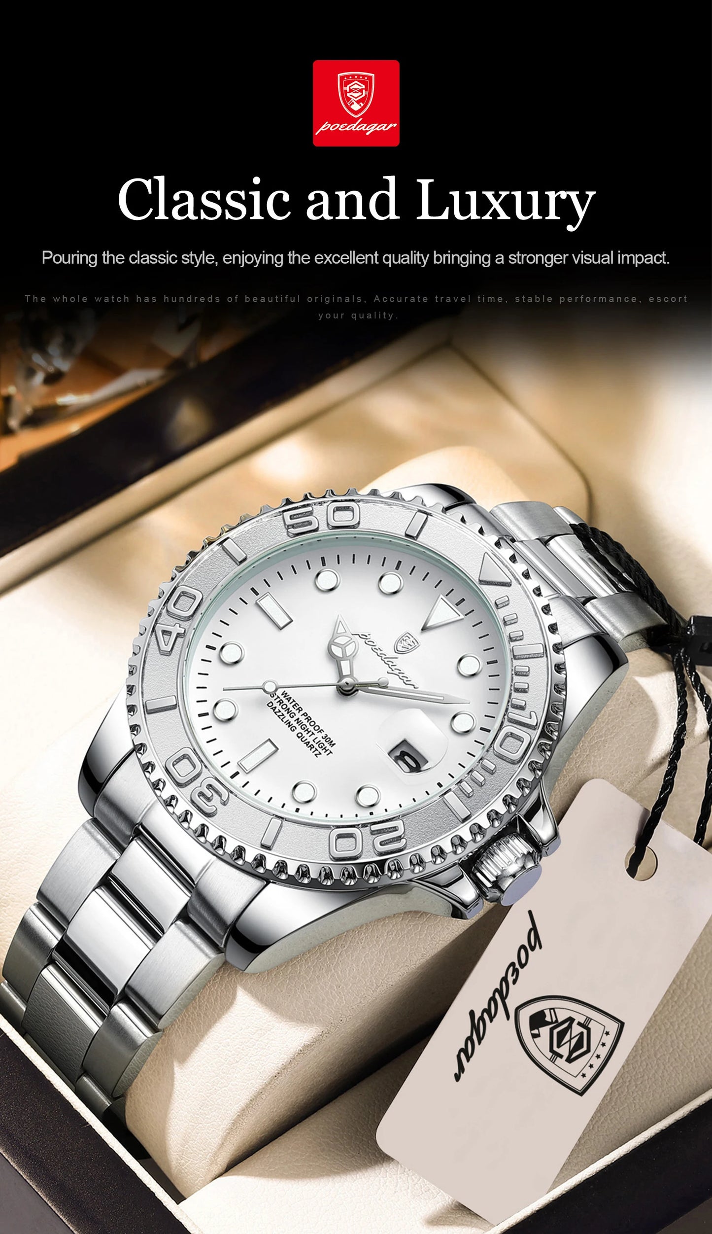 POEDAGAR Casual Fashion Man Wristwatch Waterproof Luminous Date Exquisite Men Watch Stainless Steel Classic Men's Quartz Watches