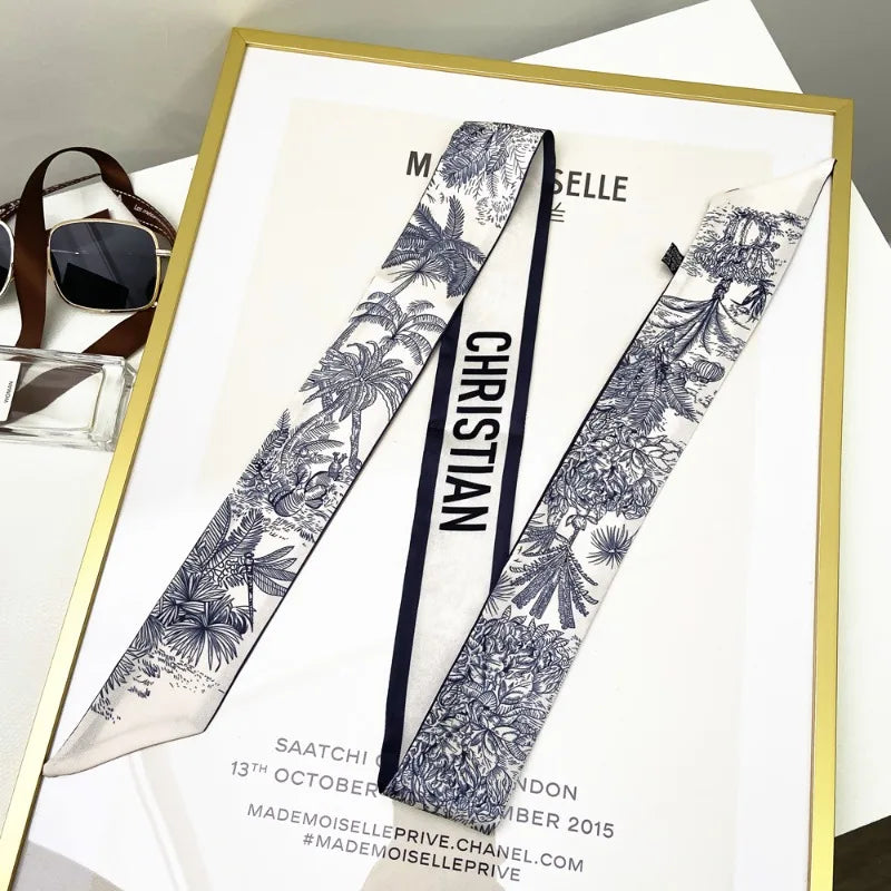 120*5cm Plant Jungle Printed Scarf for Women's Spring Summer New Model Emulated Silk Streamer Fashionable Retro Hairband Streame