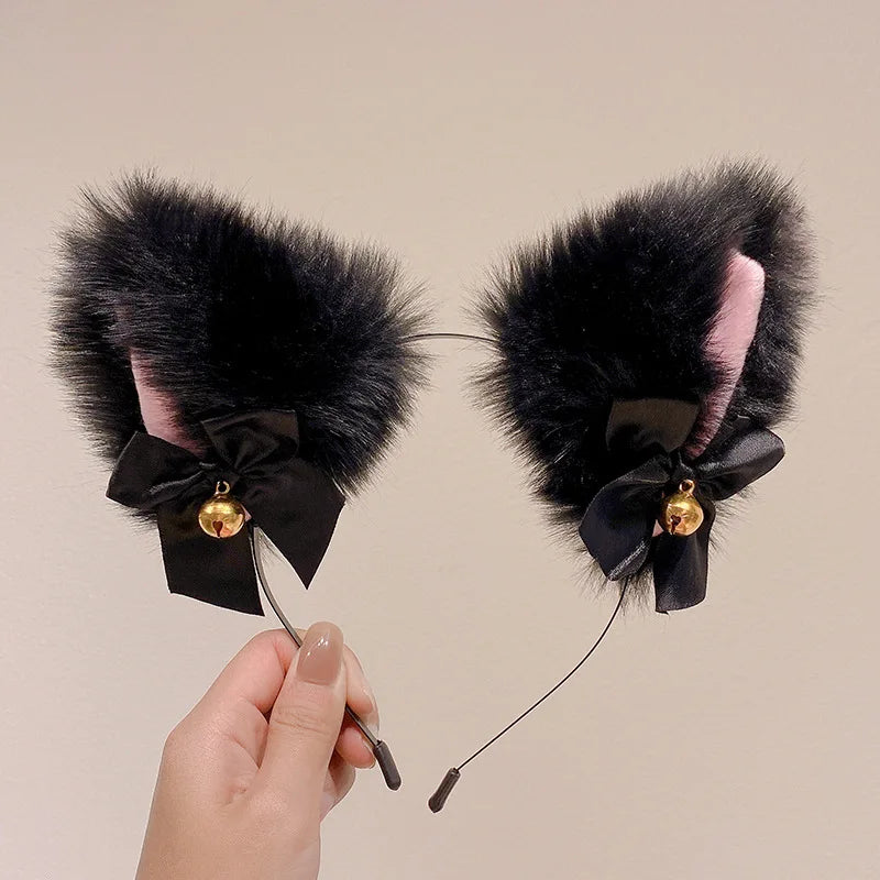Plush Lace Cat Ears Bell Headband for Women Korean Style Elegant Fashion Girl Hair Band Party Cosplay