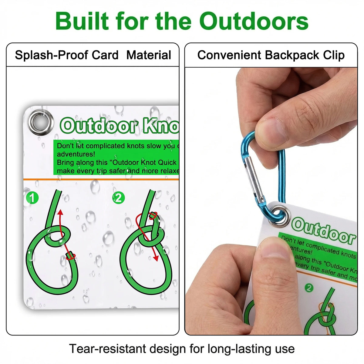 7PCS/SET Outdoor Knot Essentials Cards 27 Classic Knots Guide with Mini Carabiner, Durable Pocket Reference for Camping Backpack