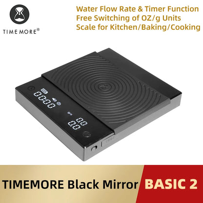 TIMEMORE Basic 2 Black Mirror Pour Over Coffee Scale Flow Rate Display Auto Timer Digit Kitchen Food Scale Espresso 0.1g/2kg
