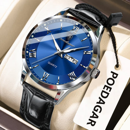 POEDAGAR Business Brand Men Clock Waterproof Luminous Date Week Fashion Man Wristwatch Leather Luxury Men's Quartz Watches Reloj