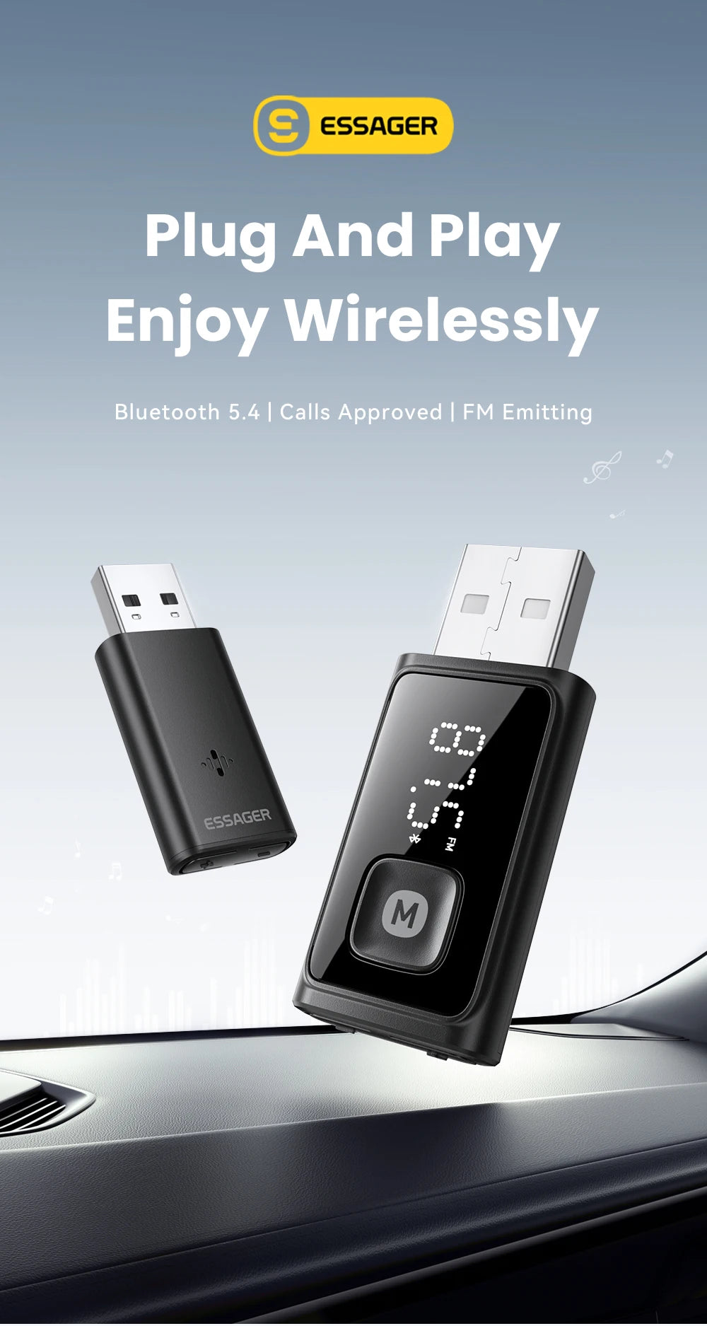 ESSAGER Bluetooth 5.4 Car Adapter Wireless FM Transmitter Audio Receiver&Handsfree Call Auto Stereo Mic Car Adapter Accessories