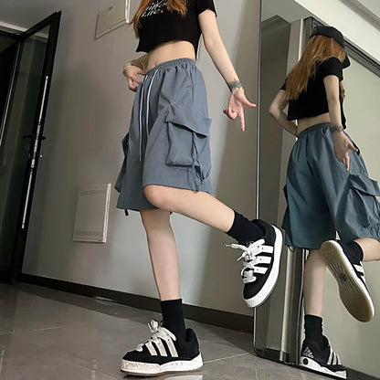 ZOKI Women High Waist Cargo Shorts American Style Streetwear Summer Wide Leg Pants Fashion Female Big Pocket Loose Shorts New
