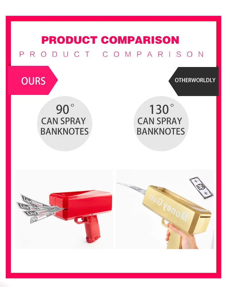 Banknote gun Party Games Pistol Party toys Games Cash Cannon Funny toys gun for banknotes Wedding Golden 100pcs fake money bills