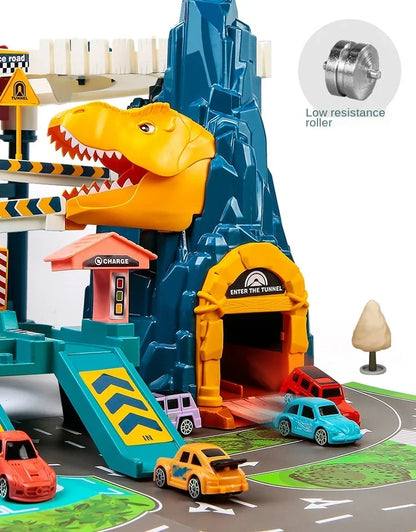 Electric Rail Car Dinosaur Building Parking Lot Adventure Racing Rail Car Toys Children Brain Mechanical Interactive Rail Cars