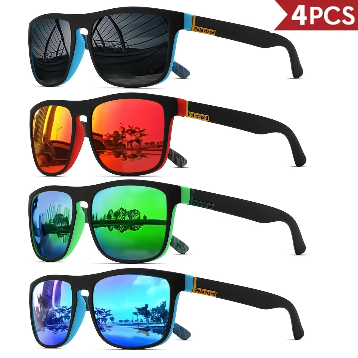 1-4PCS Men Classical Square Polarized Sports Sunglasses Lightweight PC Frame UV400 for Driving Fishing Cycling Unisex Durability