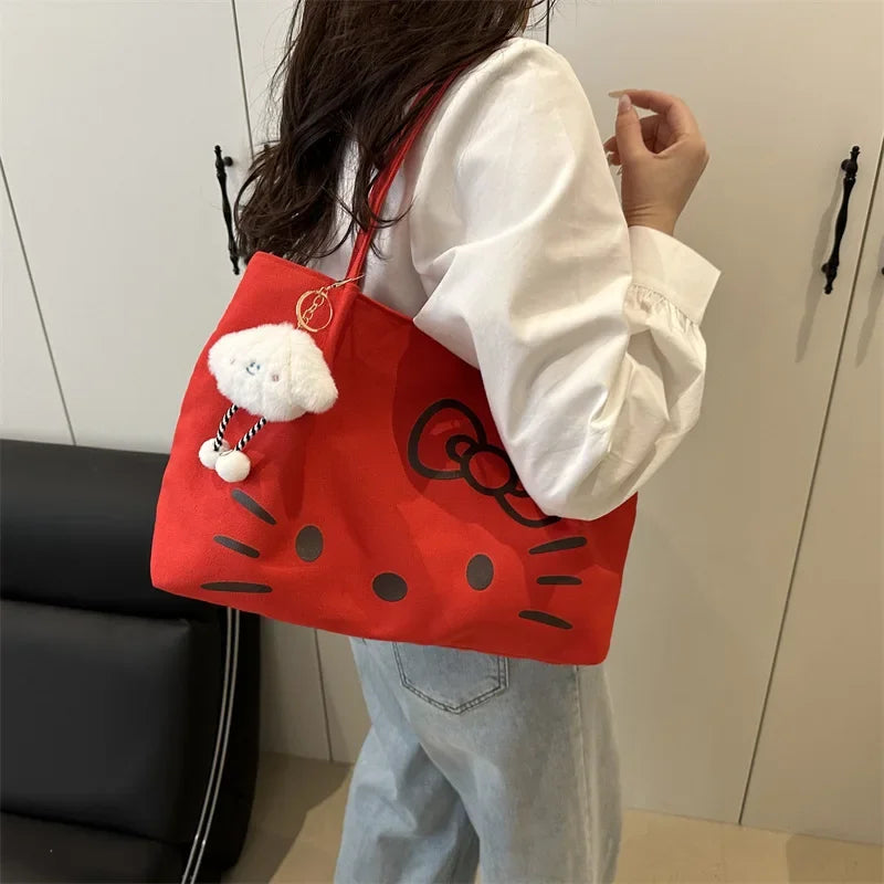 Cute Canvas Bag Hello Kitty Women's Canvas Handbag - Large Cute Cartoon Shoulder Bag Fashion Multi functional Commuter Handbag