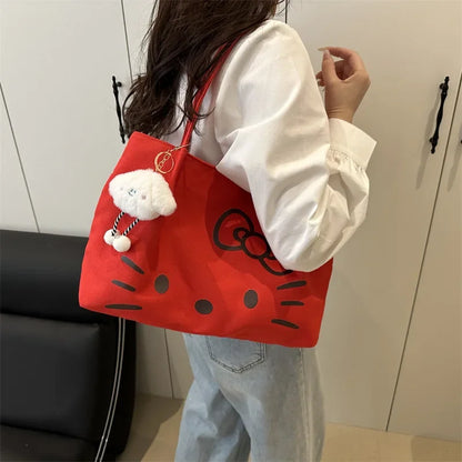 Cute Canvas Bag Hello Kitty Women's Canvas Handbag - Large Cute Cartoon Shoulder Bag Fashion Multi functional Commuter Handbag