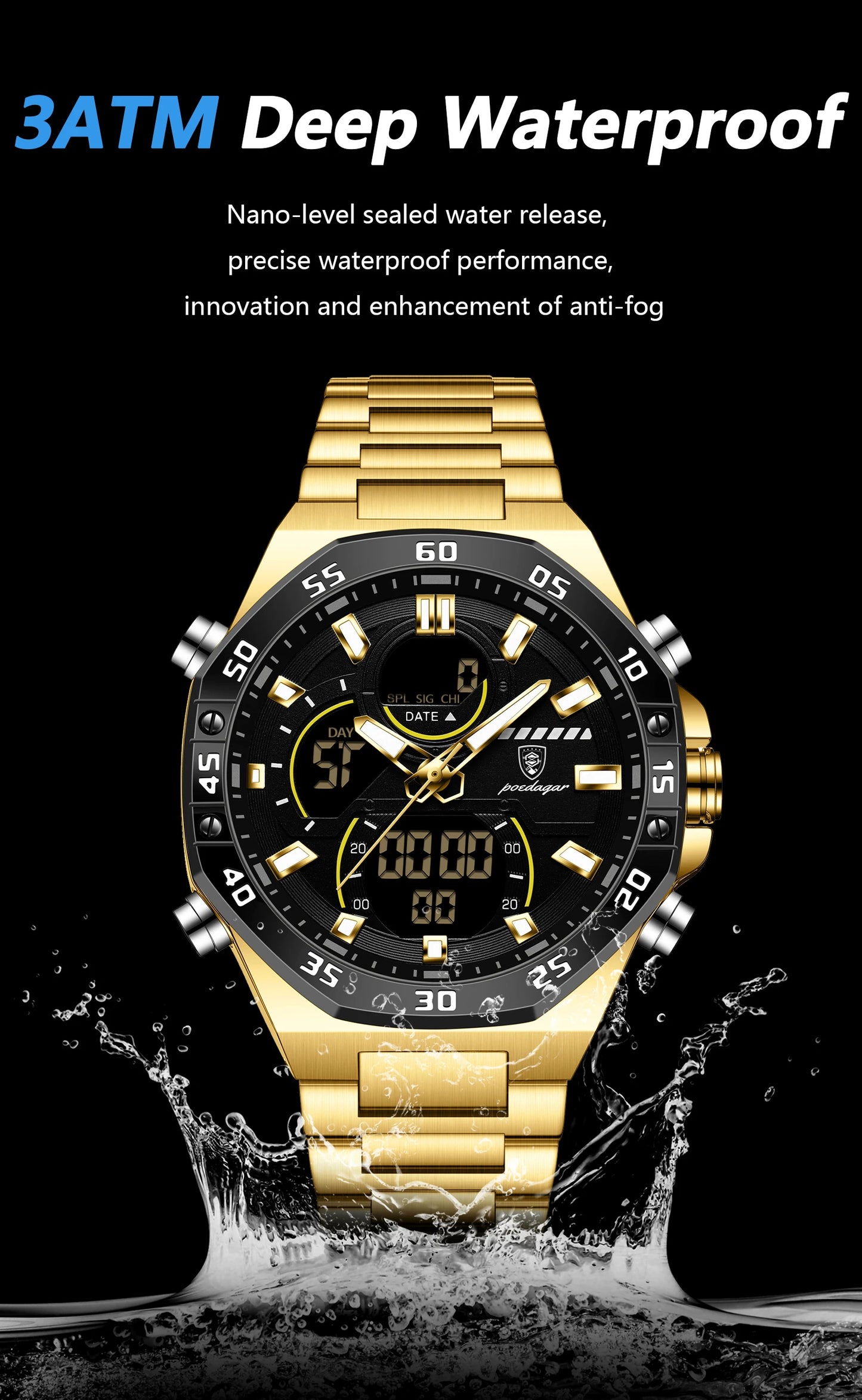 POEDAGAR Top Men Clock LED Luminous Waterproof Week Date Military Man Wristwatch Electronic Stainless Steel Quartz Men's Watches