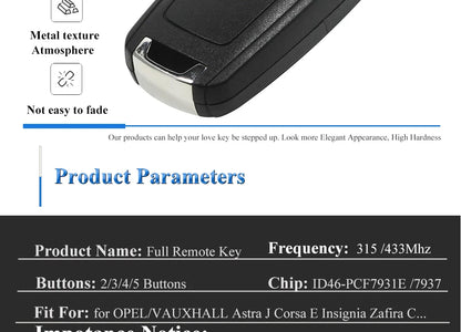 jingyuqin 2/3/4/5 Buttons Car Remote Key DIY for OPEL/VAUXHALL Astra J Corsa E Insignia Zafira C 2009-2016 315 / 433MHz PCF7937E