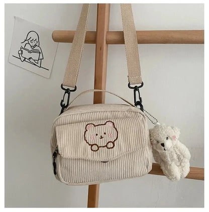 Personalized Teddy Bear Embroidered Diagonal Shoulder Bag, Corduroy Leisure Bag, WOMEN'S Crossbody Bag