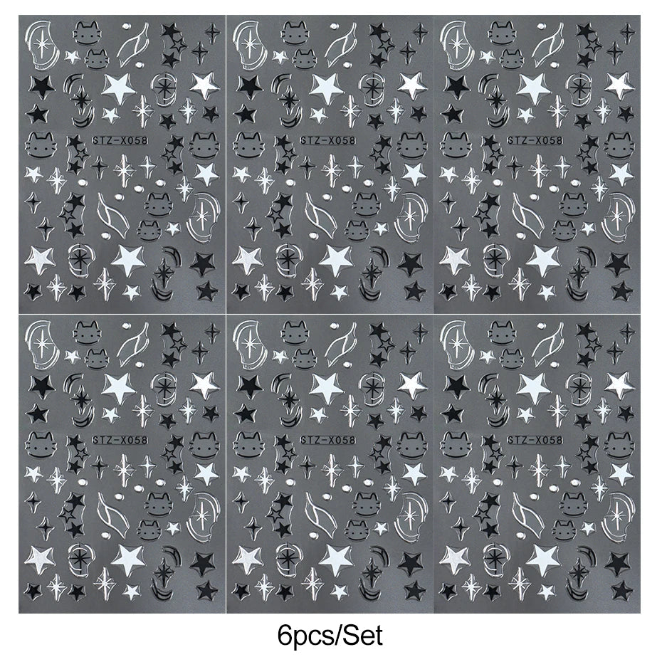 Black Silver Cat Animals Nail Sticker Decals Y2K Charms Cute Dog Cartoon Adhesive Sliders Foils For Manicure Nail Art Decoration