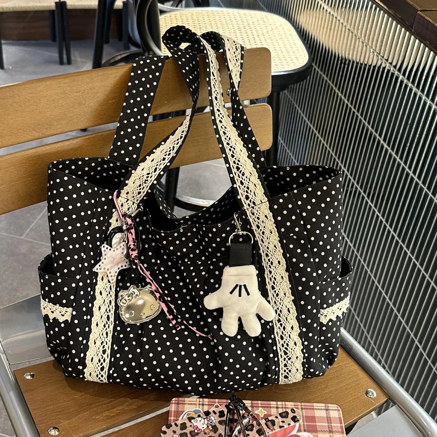 Korean Vintage Canvas Shoulder Bag Women Cute Lace Large Capacity Tote Bag Multi Pocket Handbag Fashion Round Dot Underarm Bag