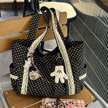 Korean Vintage Canvas Shoulder Bag Women Cute Lace Large Capacity Tote Bag Multi Pocket Handbag Fashion Round Dot Underarm Bag