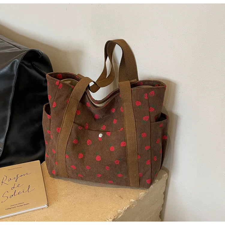 Fashion Corduroy Shoulder Bag for Women, Cute Printed Handbag, Casual Commuter & Shopping Purse, Trendy Underarm Bag