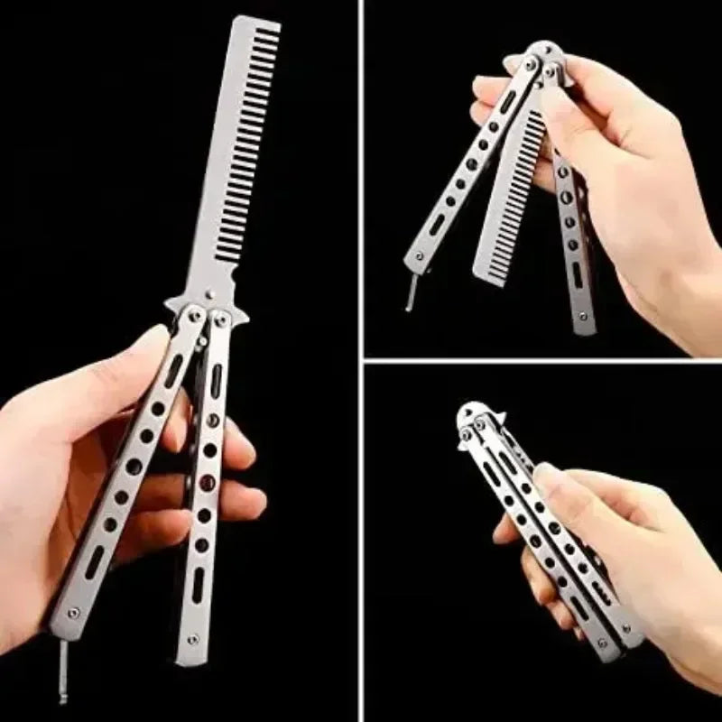 Stainless Steel Foldable Comb for Butterfly Knife Practice Training Beard Moustache Styling Tool Hairdressing Salon Brush