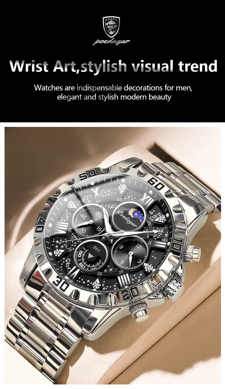 POEDAGAR Luxury Man Watch Waterproof Luminous Stainless Steel Quartz Men's Wristwatch Chronograph Military Watches For Men Reloj